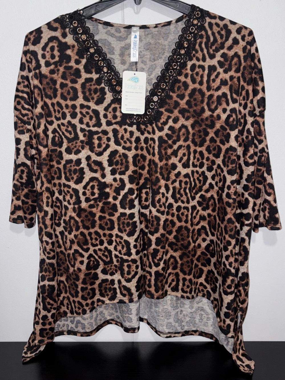 Paisley Grace Hit The Town Leopard Tunic Top S/M Lace Grommet NWT